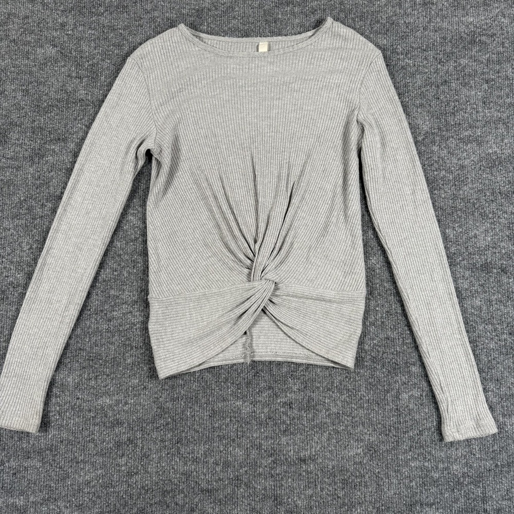 Elan Sweater Womens Medium Gray Ribbed Long Sleeve Twist Front Pullover Knit Top